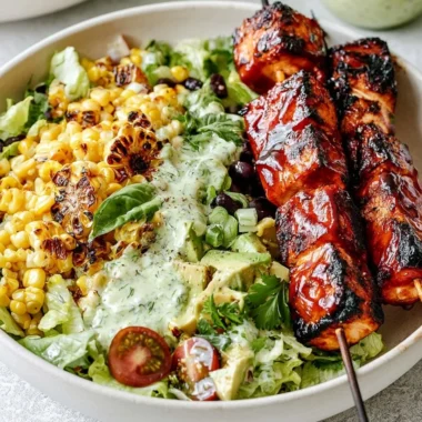 BBQ chicken skewer salad with fresh vegetables and dressing on a plate