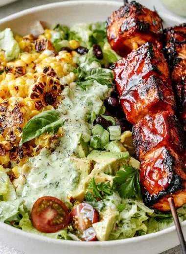 BBQ chicken skewer salad with fresh vegetables and dressing on a plate
