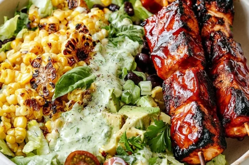 BBQ chicken skewer salad with fresh vegetables and dressing on a plate