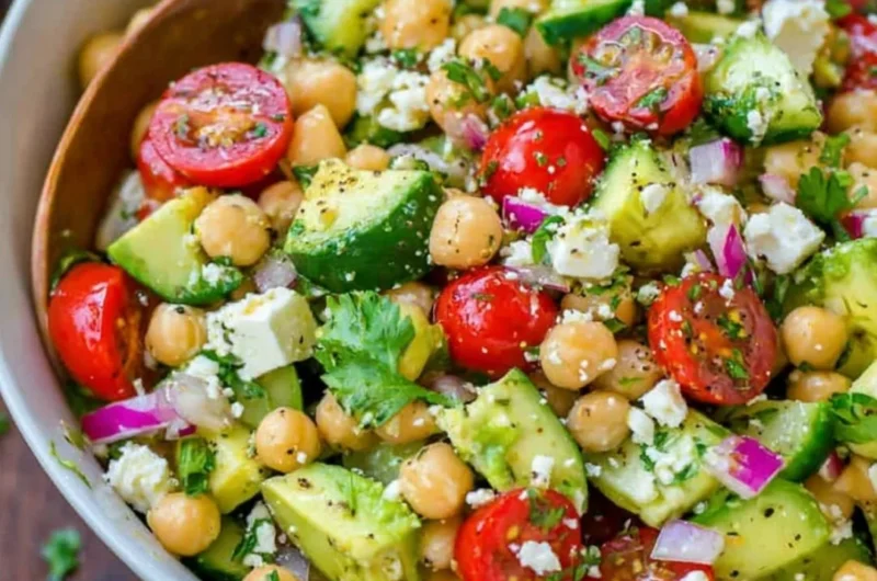 Healthy chickpea salad with fresh vegetables and dressing