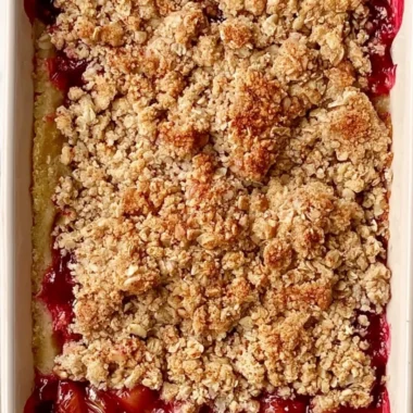 Classic Rhubarb Crumble Bars with fresh rhubarb and crumbly topping
