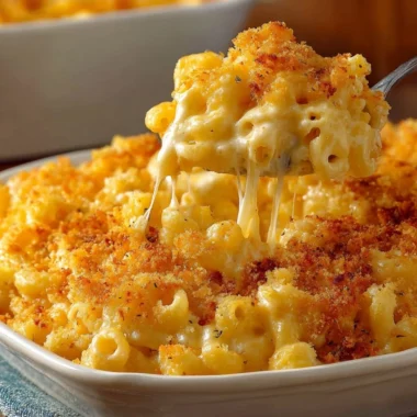 Creamy baked macaroni and cheese served in a bowl with a crispy topping