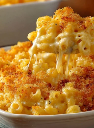 Creamy baked macaroni and cheese served in a bowl with a crispy topping