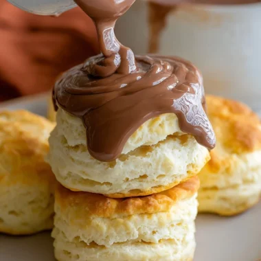 Delicious creamy chocolate biscuit gravy served in a bowl with biscuits.