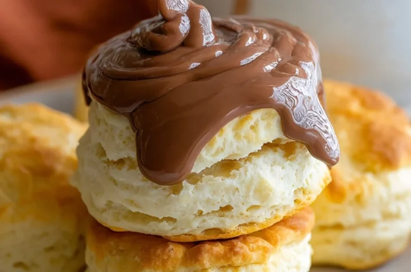 Delicious creamy chocolate biscuit gravy served in a bowl with biscuits.