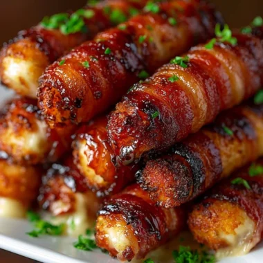 Crispy bacon-wrapped mozzarella sticks served on a plate