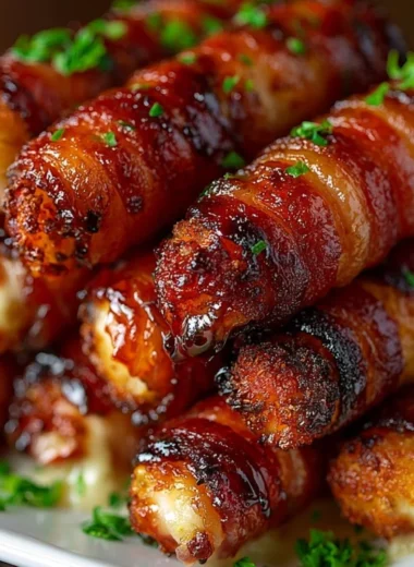 Crispy bacon-wrapped mozzarella sticks served on a plate