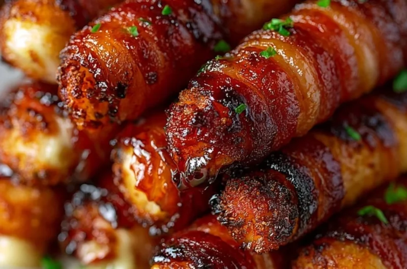Crispy bacon-wrapped mozzarella sticks served on a plate