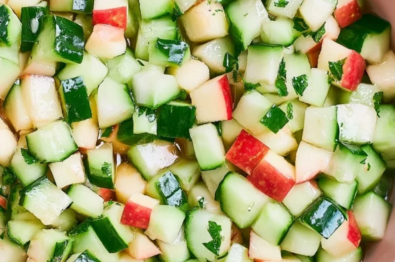 Fresh Cucumber Apple Salad with greens, apples, and dressing.