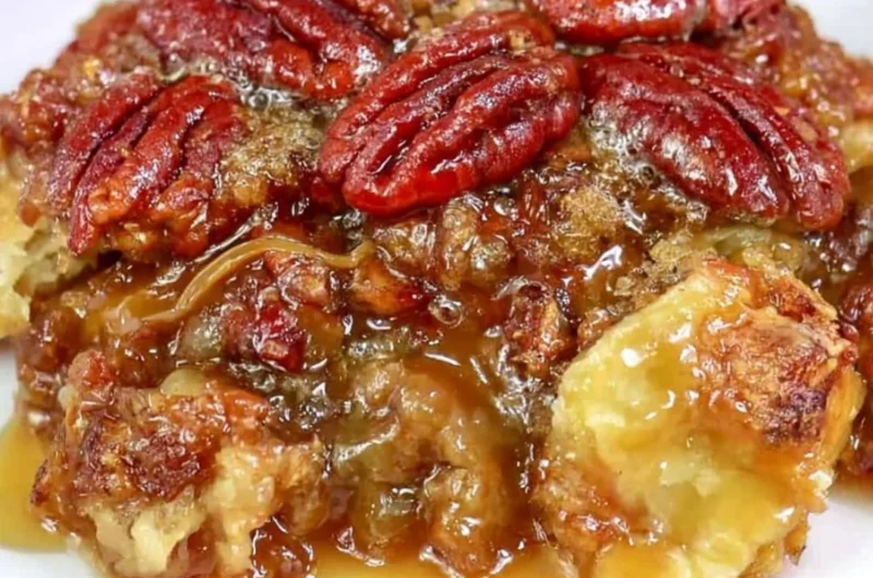 Dixie's Pecan Pie Cobbler served in a bowl with a scoop of vanilla ice cream on top