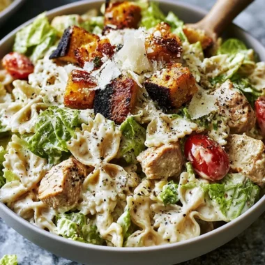 Easy Chicken Caesar Pasta Salad with creamy dressing and grilled chicken