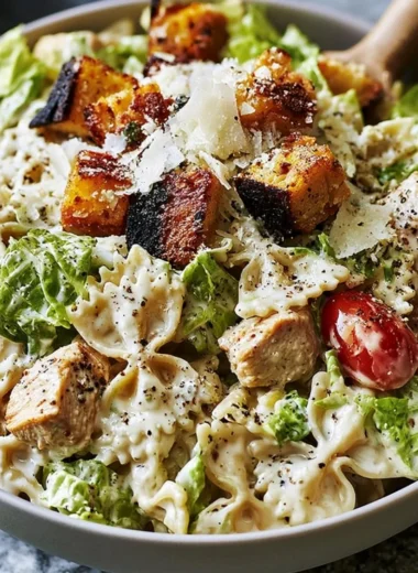 Easy Chicken Caesar Pasta Salad with creamy dressing and grilled chicken