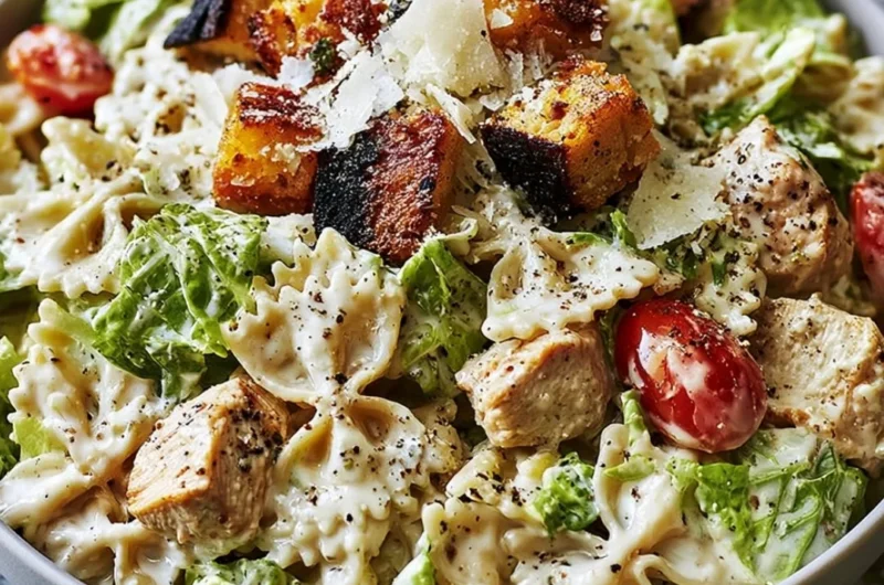 Easy Chicken Caesar Pasta Salad with creamy dressing and grilled chicken