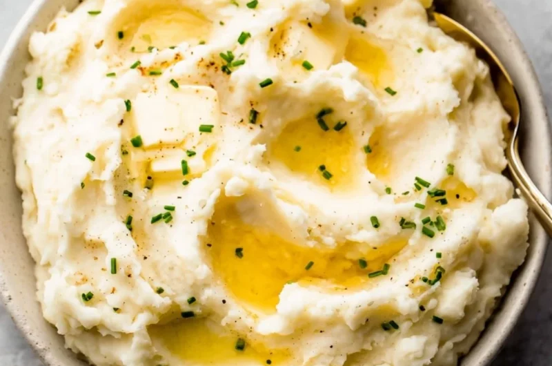 Bowl of easy garlic mashed potatoes topped with herbs