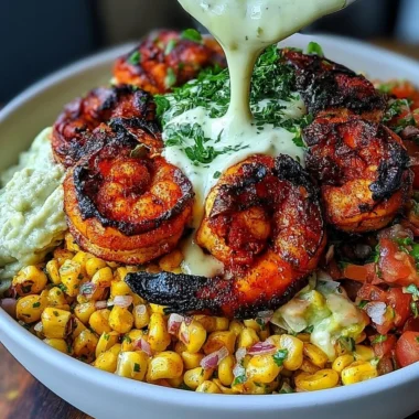 Delicious grilled shrimp bowl with avocado and corn salsa