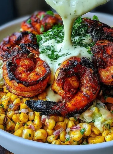 Delicious grilled shrimp bowl with avocado and corn salsa
