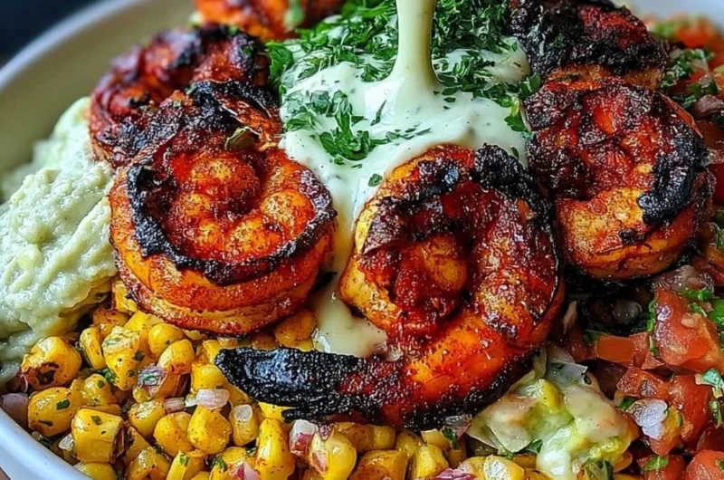 Delicious grilled shrimp bowl with avocado and corn salsa