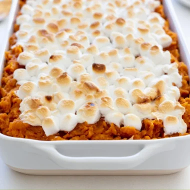 Delicious homemade easy sweet potato casserole topped with marshmallows