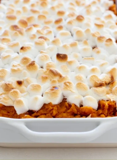 Delicious homemade easy sweet potato casserole topped with marshmallows