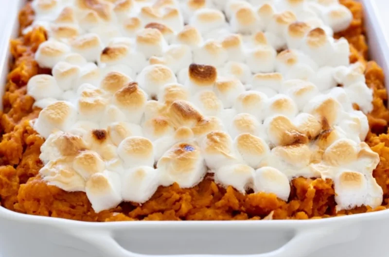 Delicious homemade easy sweet potato casserole topped with marshmallows