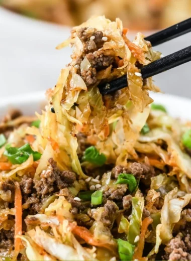 Delicious egg roll in a bowl, featuring fresh vegetables and savory meats.