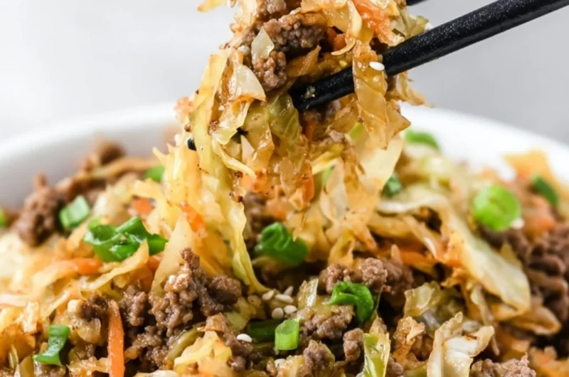 Delicious egg roll in a bowl, featuring fresh vegetables and savory meats.