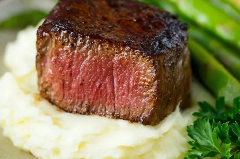 Delicious Filet Mignon topped with Garlic Herb Butter on a plate
