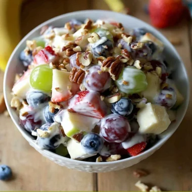 Fruit salad with a drizzle of honey yogurt dressing in a vibrant bowl.