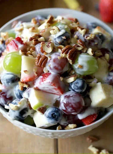 Fruit salad with a drizzle of honey yogurt dressing in a vibrant bowl.