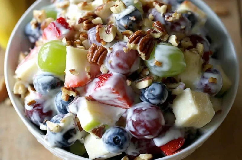 Fruit salad with a drizzle of honey yogurt dressing in a vibrant bowl.