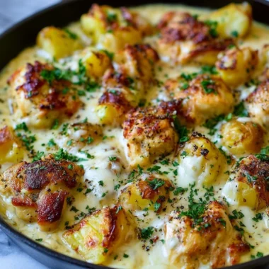 Delicious Garlic Parmesan Chicken served with crispy potatoes.