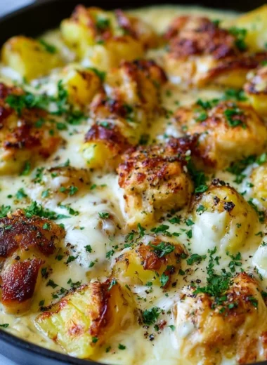 Delicious Garlic Parmesan Chicken served with crispy potatoes.
