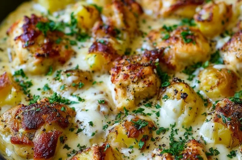 Delicious Garlic Parmesan Chicken served with crispy potatoes.