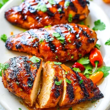 Grilled chicken breasts with peach preserves and chili garlic sauce on a plate