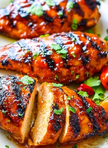Grilled chicken breasts with peach preserves and chili garlic sauce on a plate