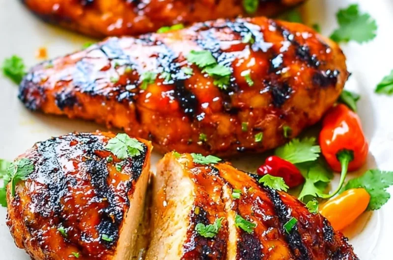 Grilled chicken breasts with peach preserves and chili garlic sauce on a plate