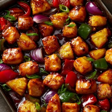 Delicious Hawaiian Chicken Sheet Pan with fresh vegetables and pineapple