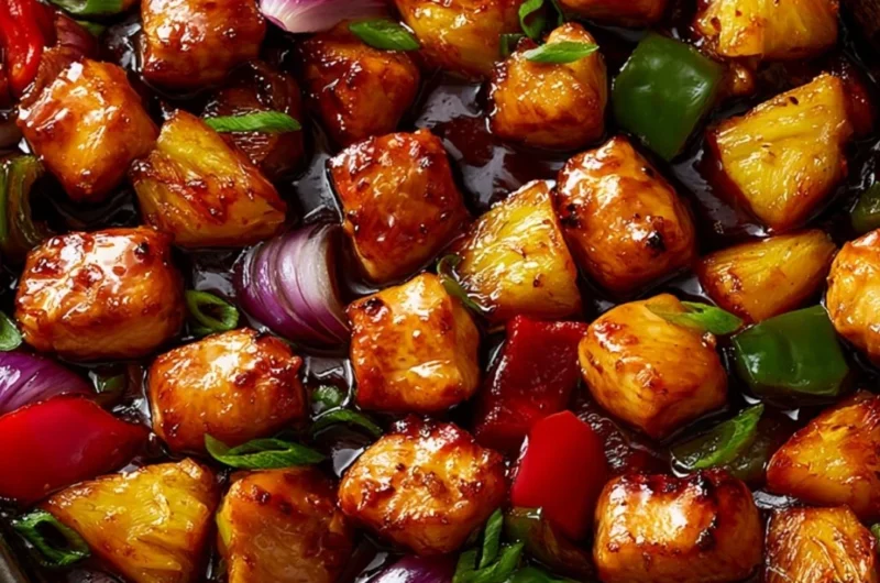 Delicious Hawaiian Chicken Sheet Pan with fresh vegetables and pineapple