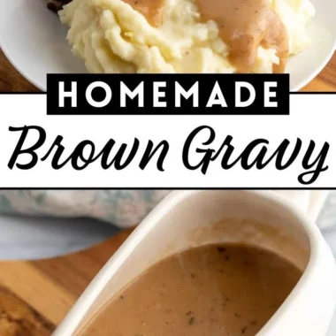 Delicious homemade brown gravy poured over mashed potatoes