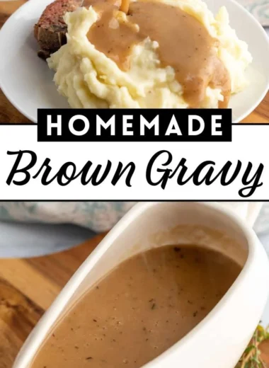 Delicious homemade brown gravy poured over mashed potatoes