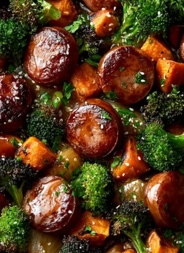 Honey garlic sausage and sweet potato sheet pan dinner recipe