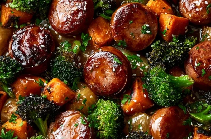 Honey garlic sausage and sweet potato sheet pan dinner recipe
