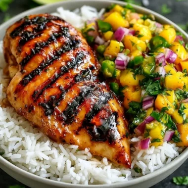 Plated Honey Lime Chicken with fresh Mango Salsa on top