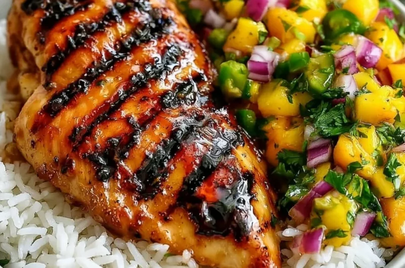 Plated Honey Lime Chicken with fresh Mango Salsa on top