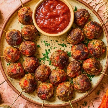 Delicious homemade pizza meatballs served with marinara sauce