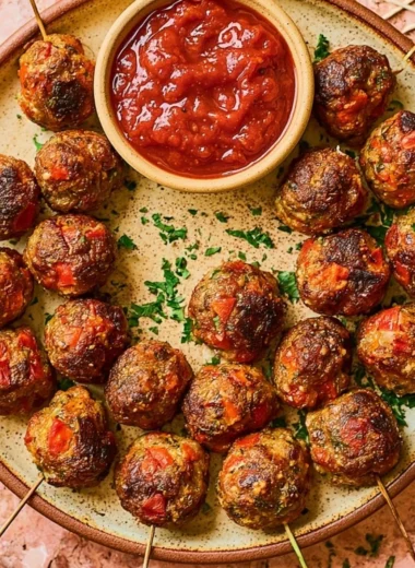 Delicious homemade pizza meatballs served with marinara sauce