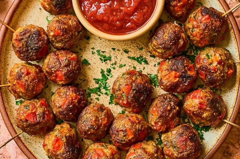 Delicious homemade pizza meatballs served with marinara sauce