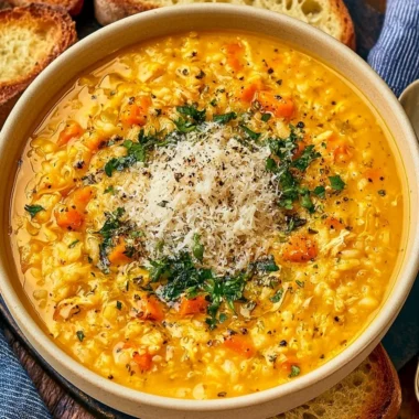 Bowl of Italian Penicillin Soup garnished with herbs and vegetables.