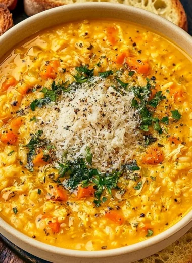 Bowl of Italian Penicillin Soup garnished with herbs and vegetables.