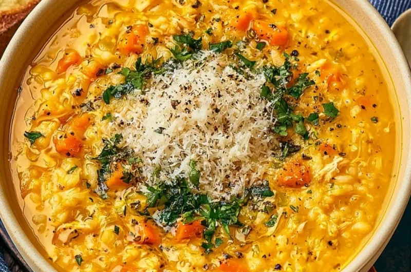 Bowl of Italian Penicillin Soup garnished with herbs and vegetables.